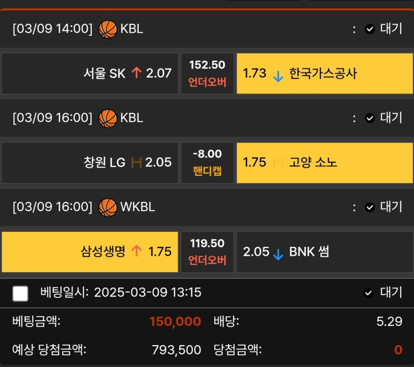 오늘 있는 포인트 올인~ 농구 배팅 내역